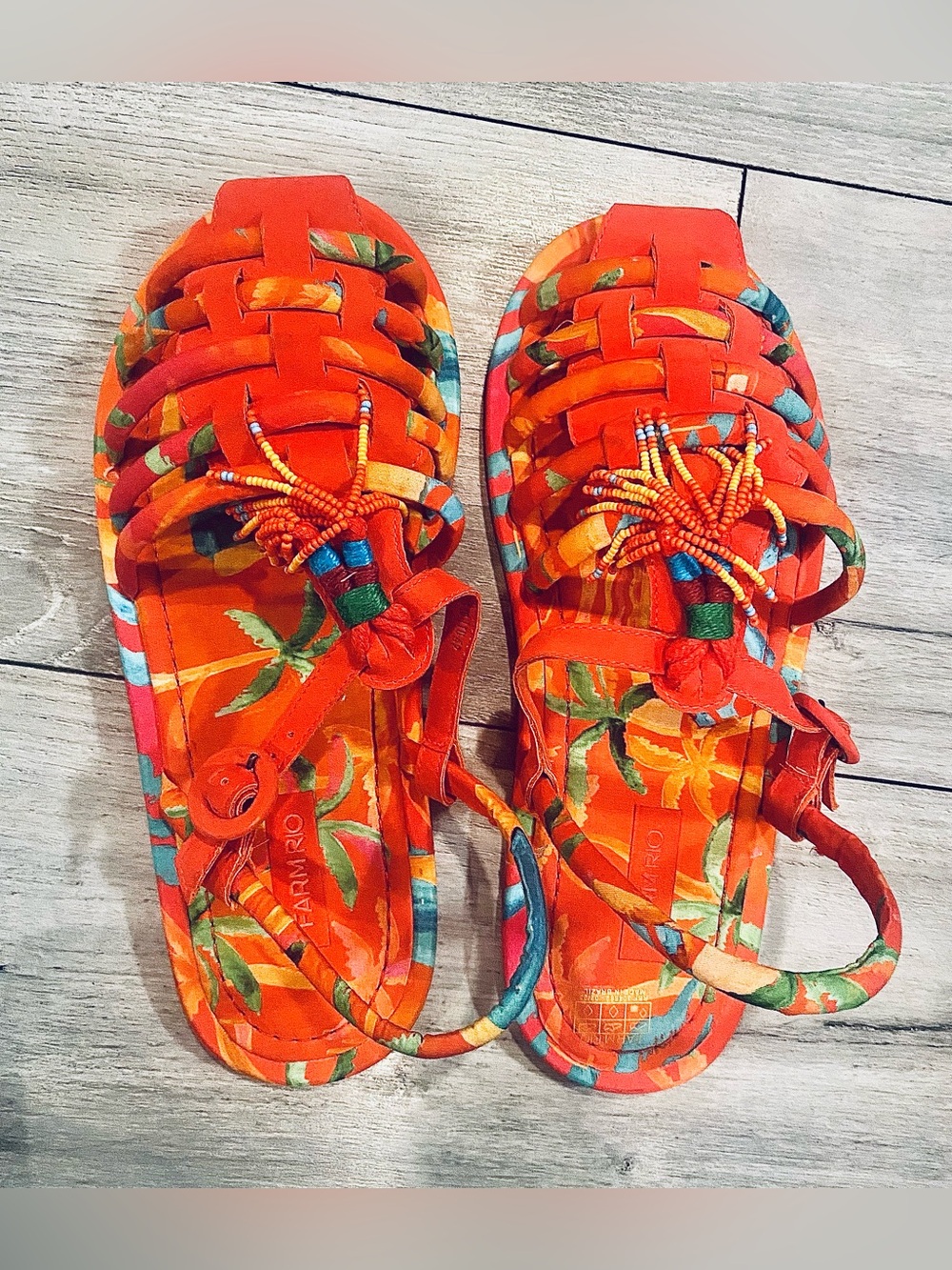 FARM Rio Orange Tropical Beaded Strappy Sandals